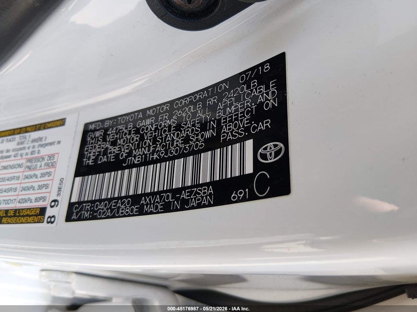 2018 Toyota Camry VIN JTNB11HK9J3073705 IAAI salvage auction — FRONT END, Salvage (California), sold $3,150 on 2026-07-09 (photo 9)