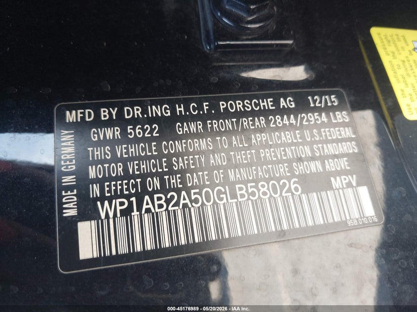 2016 Porsche Macan VIN WP1AB2A50GLB58026 IAAI salvage auction — RIGHT FRONT, Salvage (California), sold $6,950 on 2026-07-20 (photo 9)