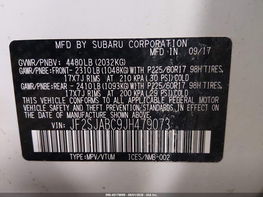 2018 Subaru Forester VIN JF2SJABC9JH479073 IAAI salvage auction — HAIL, Salvage Title, sold $4,000 on 2026-07-14 (photo 9)