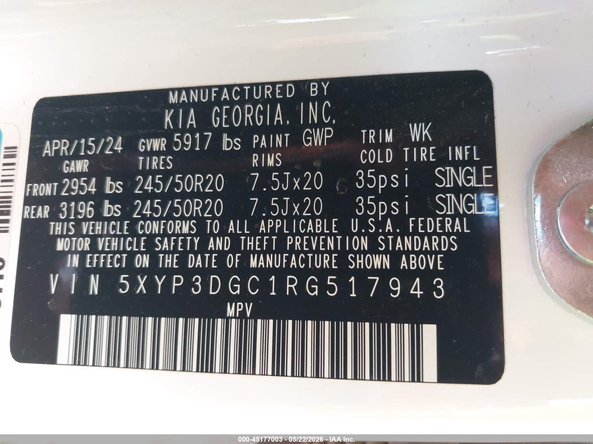 2024 Kia Telluride VIN 5XYP3DGC1RG517943 IAAI salvage auction — FRONT END, Salvage Title, sold $100 on 2026-07-30 (photo 9)