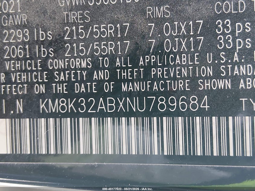 2022 Hyundai Kona VIN KM8K32ABXNU789684 IAAI salvage auction — HAIL, Salvage (Missouri), sold $2,500 on 2026-07-18 (photo 9)