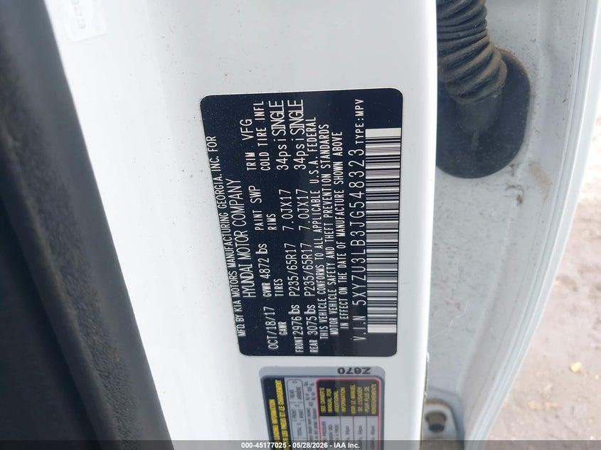 2018 Hyundai Santa fe VIN 5XYZU3LB3JG548323 IAAI salvage auction — FRONT END, Salvage Title, sold $3,100 on 2026-07-08 (photo 9)