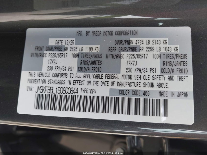 2025 Mazda Cx-5 VIN JM3KFBBL1S0800844 IAAI salvage auction — FRONT END, Salvage (Massachusetts), sold $8,100 on 2026-07-21 (photo 9)