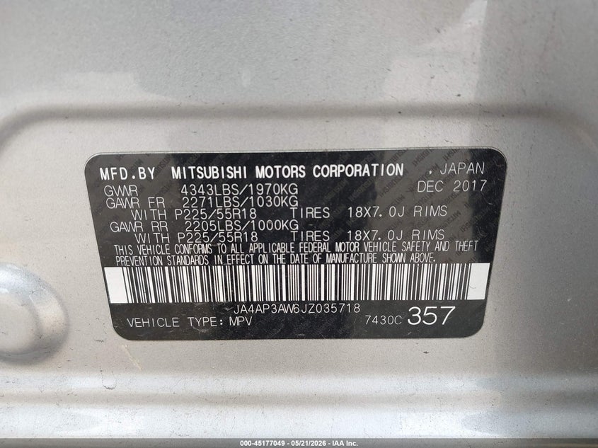 2018 Mitsubishi Outlander VIN JA4AP3AW6JZ035718 IAAI salvage auction — FRONT & REAR, Original (Texas), sold $2,350 on 2026-07-07 (photo 9)