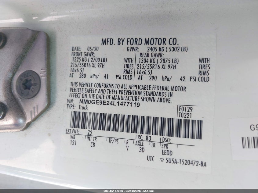 2020 Ford Transit connect VIN NM0GE9E24L1477119 IAAI salvage auction — LEFT REAR, Sf97 (Texas), sold $9,950 on 2026-07-07 (photo 9)