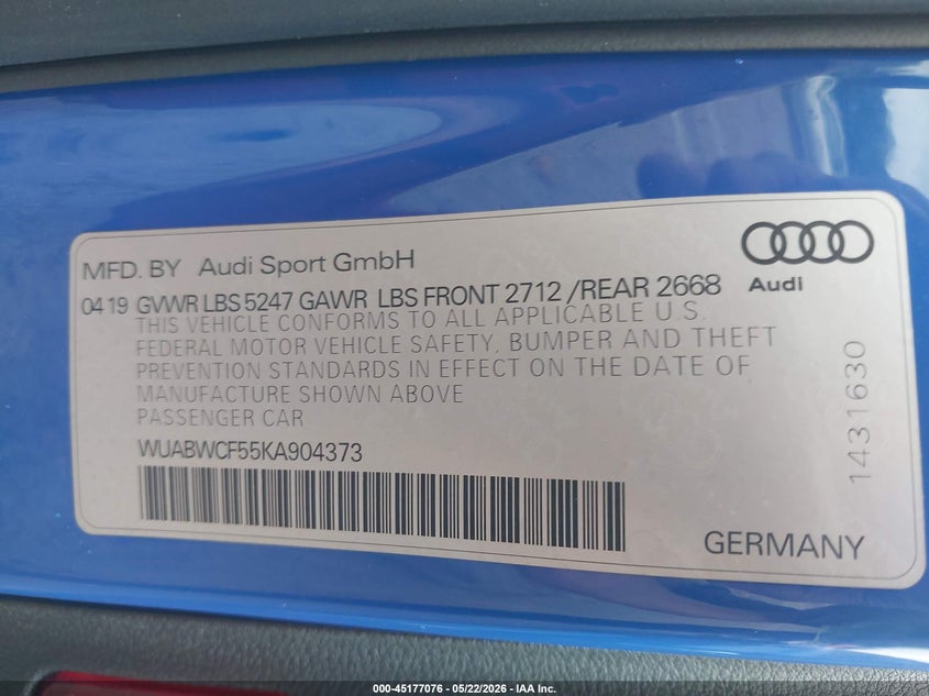 2019 Audi Rs5 VIN WUABWCF55KA904373 IAAI salvage auction — FRONT END, Salvage (Alabama), sold $25 on 2026-07-29 (photo 9)