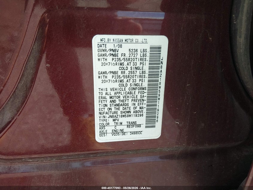 2009 Nissan Murano VIN JN8AZ18W59W119296 IAAI salvage auction — HAIL, Clear (Missouri), sold $425 on 2026-07-27 (photo 9)