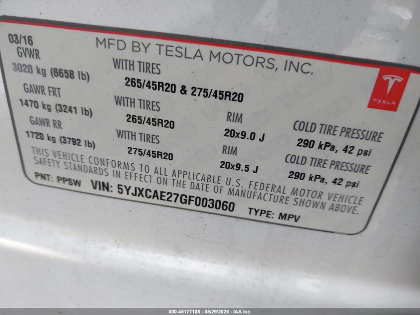 2016 Tesla Model x VIN 5YJXCAE27GF003060 IAAI salvage auction — RIGHT FRONT, Salvage Title, sold $5,150 on 2026-07-30 (photo 9)