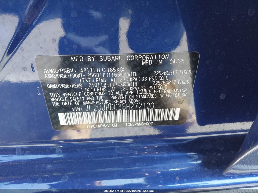 2025 Subaru Xv VIN JF2GUHDC3SH272120 IAAI salvage auction — FRONT END, Salvage (California), sold $4,300 on 2026-07-16 (photo 9)