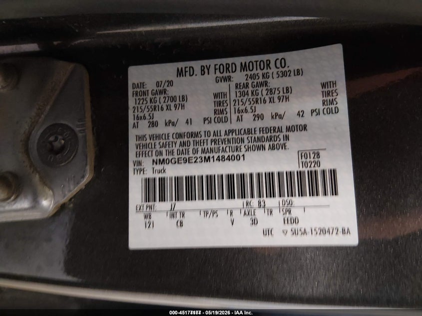 2021 Ford Transit connect VIN NM0GE9E23M1484001 IAAI salvage auction — NORMAL WEAR, Sf97 (Illinois), sold $14,100 on 2026-07-14 (photo 9)