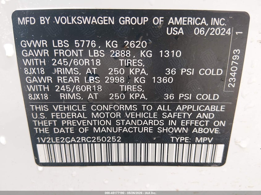 2024 Volkswagen Atlas cross sport VIN 1V2LE2CA2RC250252 IAAI salvage auction — HAIL, Salvage (Arkansas), sold $10,700 on 2026-08-22 (photo 9)