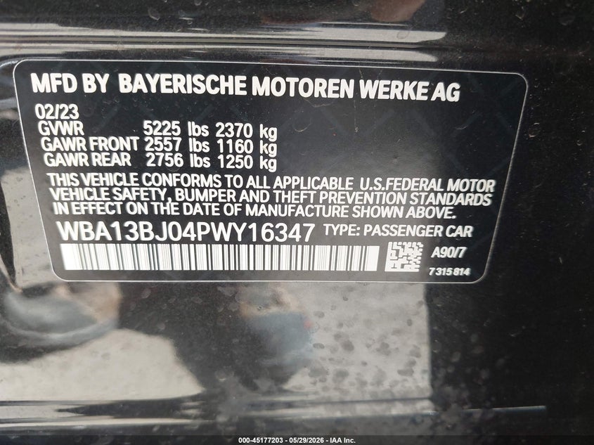2023 BMW 5er VIN WBA13BJ04PWY16347 IAAI salvage auction — HAIL, Salvage Title, sold $17,250 on 2026-07-21 (photo 9)