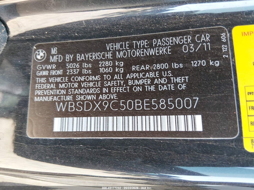 2011 BMW M3 VIN WBSDX9C50BE585007 IAAI salvage auction — FRONT END, Salvage (Texas), sold $4,100 on 2026-07-30 (photo 9)