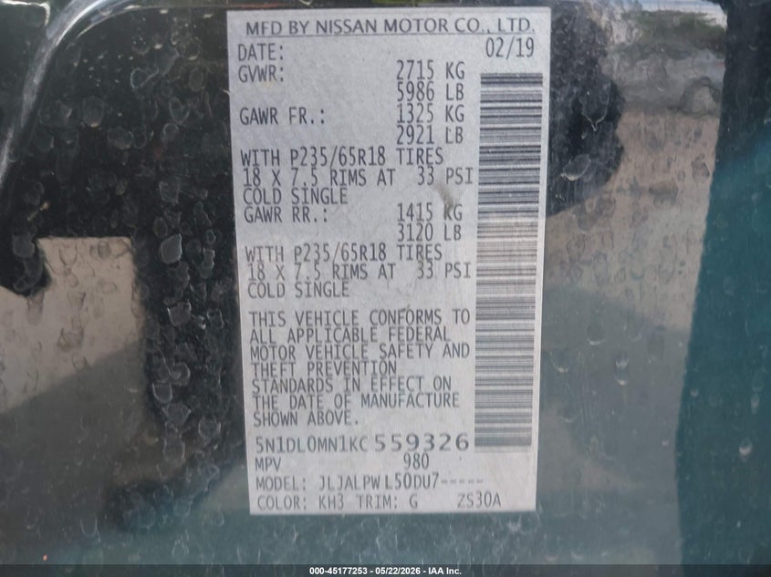 2019 Infiniti Qx60 VIN 5N1DL0MN1KC559326 IAAI salvage auction — SIDE, Original (Texas), sold $1,550 on 2026-07-29 (photo 9)