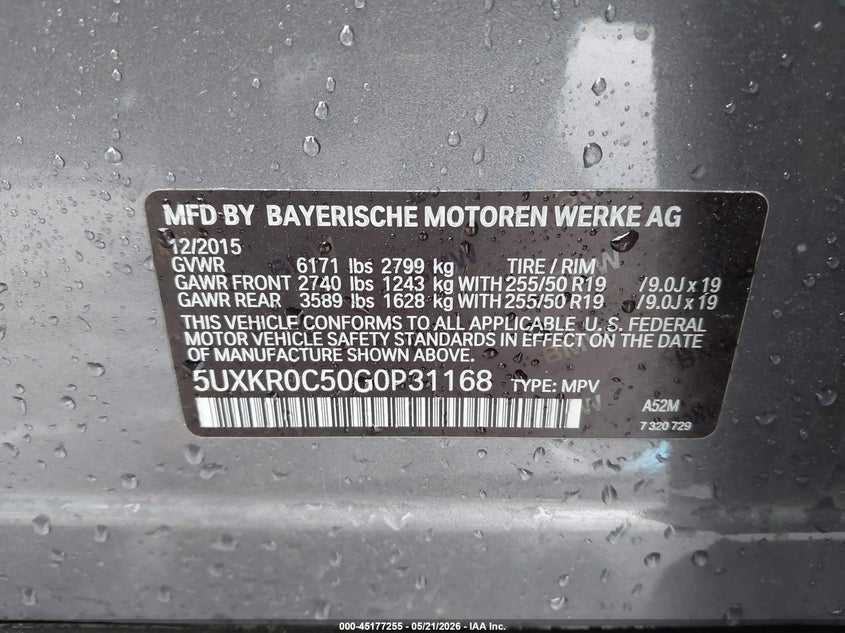 2016 BMW X5 VIN 5UXKR0C50G0P31168 IAAI salvage auction — SIDE, Salvage (Illinois), sold $5,600 on 2026-07-09 (photo 9)