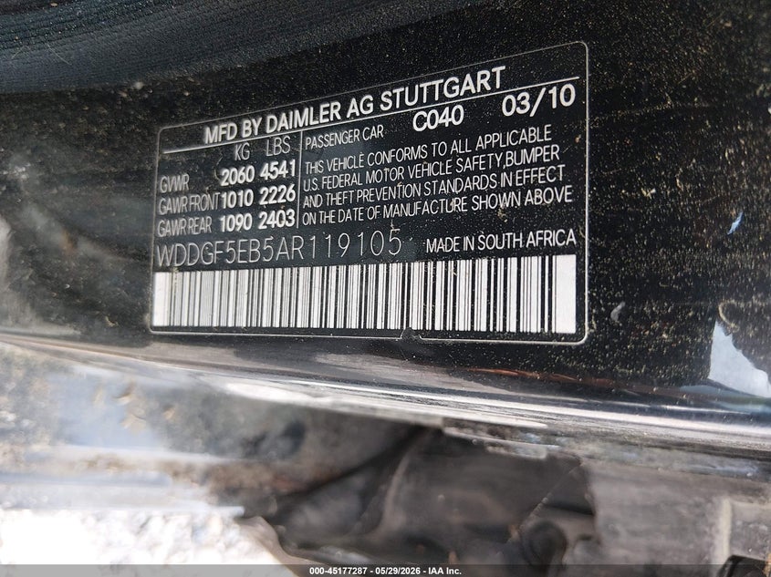 2010 Mercedes-benz C-klasse VIN WDDGF5EB5AR119105 IAAI salvage auction — NORMAL WEAR, Clear (Louisiana), sold $375 on 2026-07-29 (photo 9)