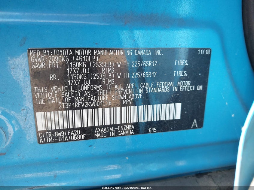 2019 Toyota Rav 4 VIN 2T3P1RFV2KW001538 IAAI salvage auction — RIGHT SIDE, Salvage (California), sold $9,000 on 2026-07-29 (photo 9)