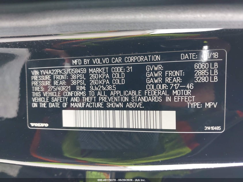 2018 Volvo Xc90 VIN YV4A22PK3J1358459 IAAI salvage auction — SIDE, Salvage (Oregon), sold $11,300 on 2026-07-31 (photo 9)