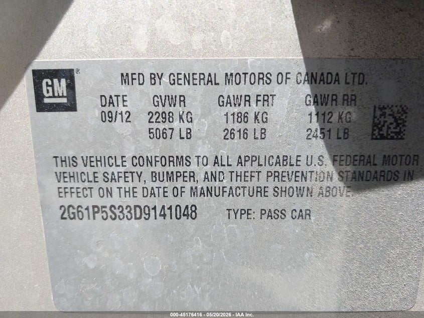 2013 Cadillac Xts VIN 2G61P5S33D9141048 IAAI salvage auction — RIGHT SIDE, Salvage (California), sold $1,400 on 2026-07-08 (photo 9)