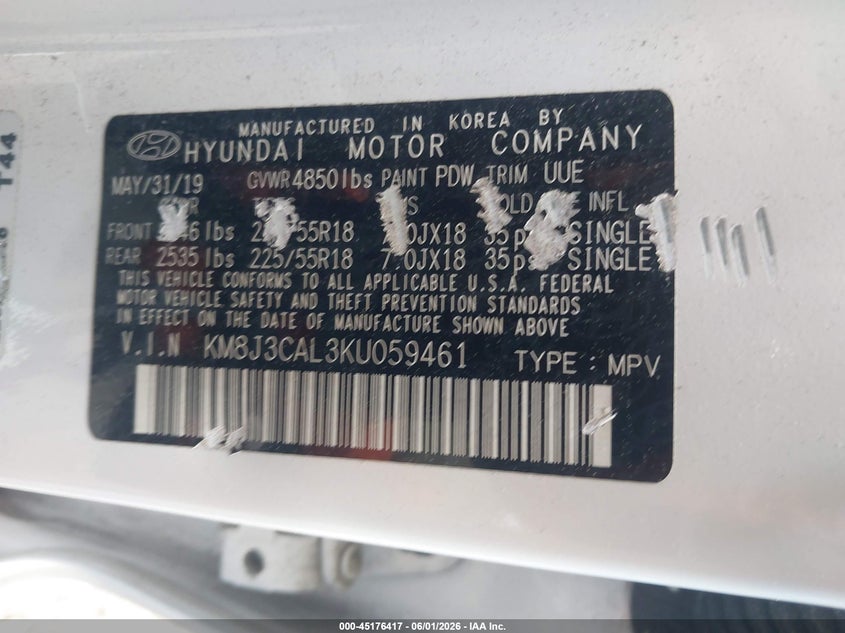 2019 Hyundai Tucson VIN KM8J3CAL3KU059461 IAAI salvage auction — REAR END, Mv-907A (New York), sold $525 on 2026-07-28 (photo 9)