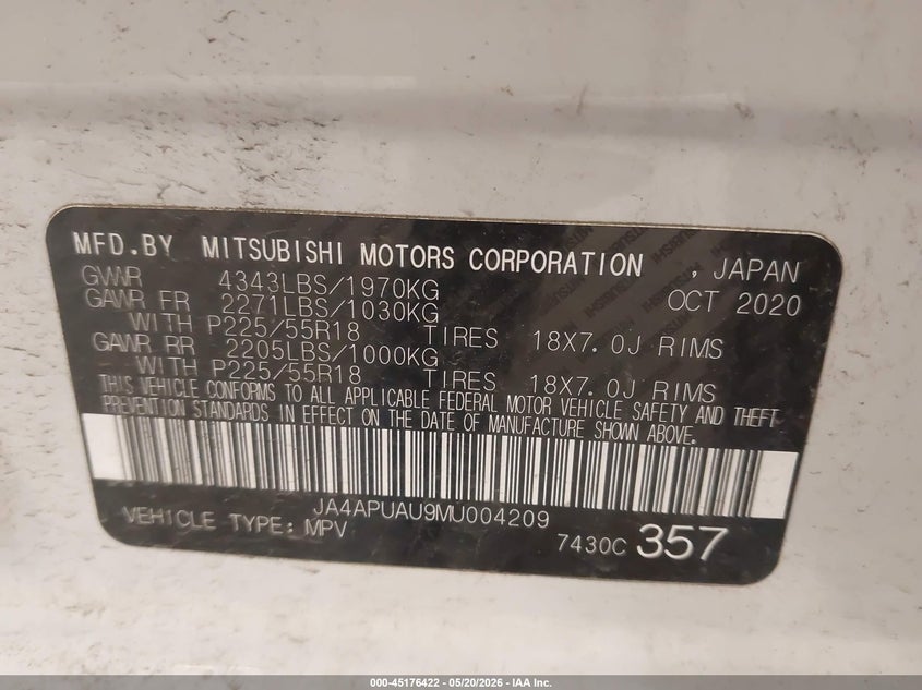 2021 Mitsubishi Outlander VIN JA4APUAU9MU004209 IAAI salvage auction — FRONT END, Scrap (Michigan), sold $3,875 on 2026-07-07 (photo 9)