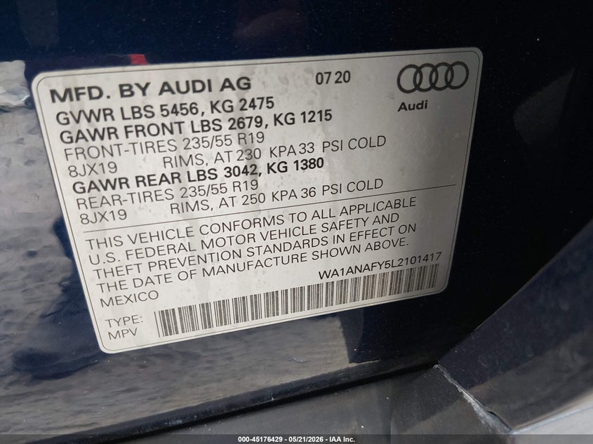 2020 Audi Q5 VIN WA1ANAFY5L2101417 IAAI salvage auction — FRONT END, Salvage (Georgia), sold $2,850 on 2026-07-23 (photo 9)