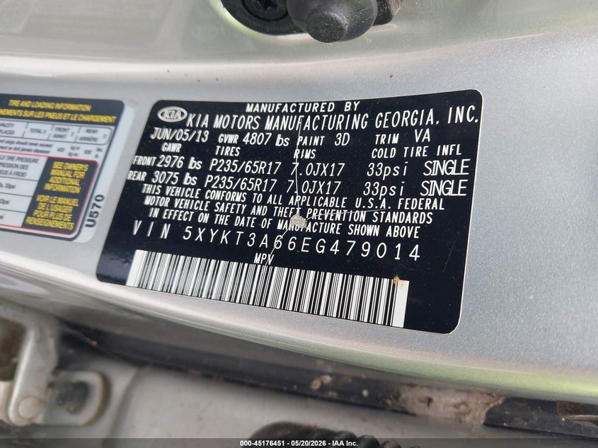 2014 Kia Sorento VIN 5XYKT3A66EG479014 IAAI salvage auction — HAIL, Original (Texas), sold $4,025 on 2026-07-15 (photo 9)