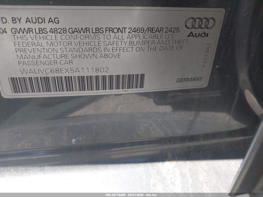 2005 Audi A4 VIN WAUVC68EX5A111802 IAAI salvage auction — NORMAL WEAR, Salvage (Texas), sold $250 on 2026-07-28 (photo 9)