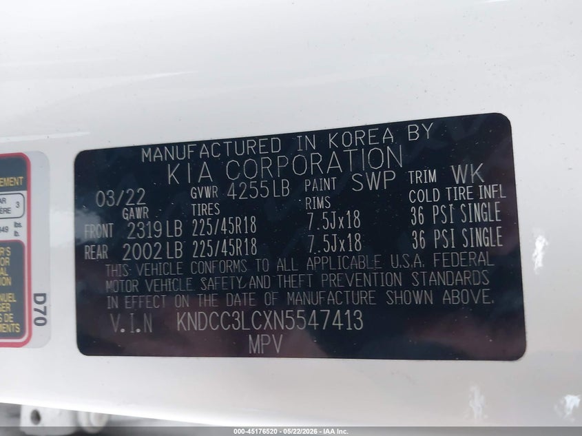 2022 Kia Niro VIN KNDCC3LCXN5547413 IAAI salvage auction — FRONT END, Salvage Certificate (California), sold $2,700 on 2026-07-22 (photo 9)