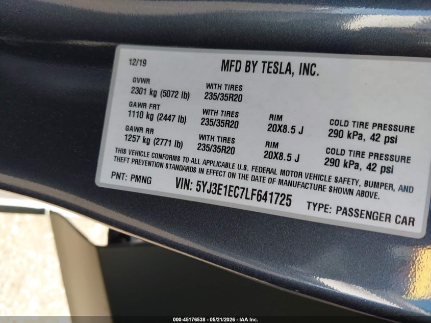 2020 Tesla Model 3 VIN 5YJ3E1EC7LF641725 IAAI salvage auction — RIGHT FRONT, Salvage Certificate (California), sold $5,800 on 2026-07-24 (photo 9)