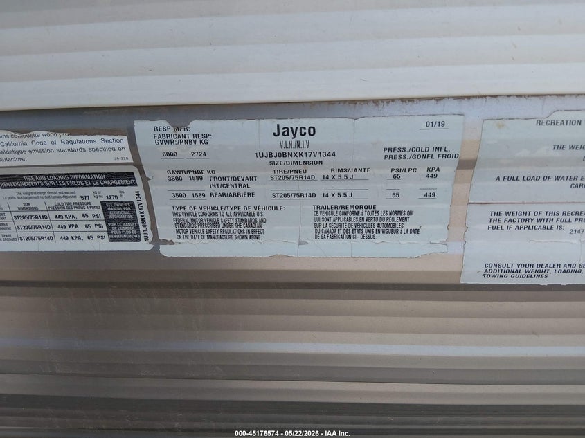 2019 Jayco Other VIN 1UJBJ0BNXK17V1344 IAAI salvage auction — HAIL, Original (Texas), sold $1,900 on 2026-07-07 (photo 7)