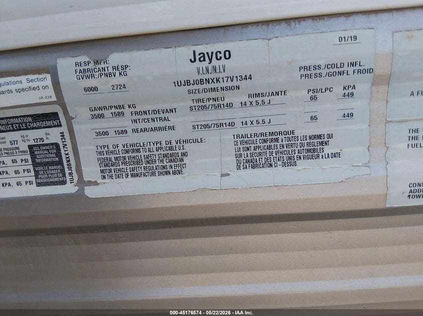 2019 Jayco Other VIN 1UJBJ0BNXK17V1344 IAAI salvage auction — HAIL, Original (Texas), sold $1,900 on 2026-07-07 (photo 9)