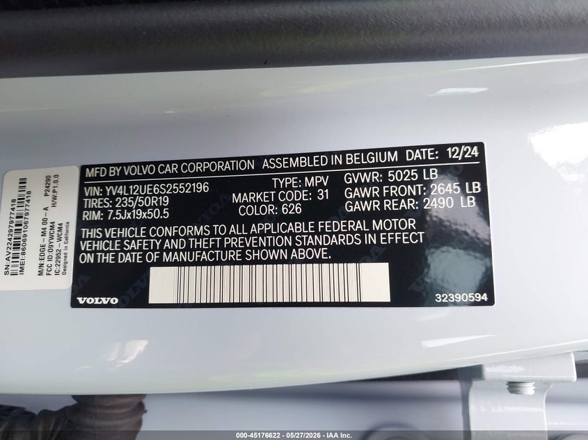 2025 Volvo Xc40 VIN YV4L12UE6S2552196 IAAI salvage auction — LEFT FRONT, Salvage Title, sold $13,400 on 2026-08-12 (photo 9)