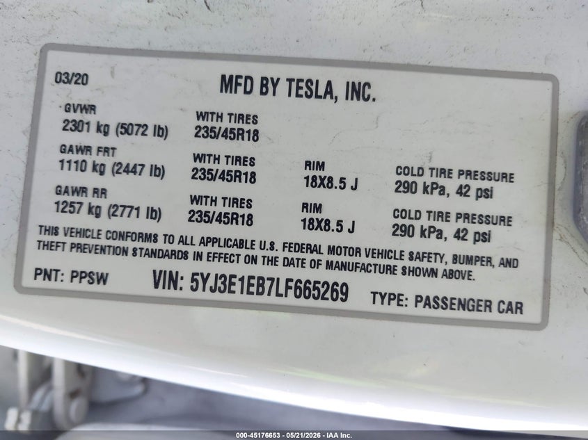 2020 Tesla Model 3 VIN 5YJ3E1EB7LF665269 IAAI salvage auction — FRONT & REAR, Salvage (Illinois), sold $6,300 on 2026-08-02 (photo 9)