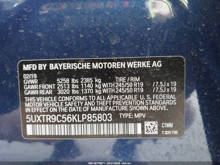 2019 BMW X3 VIN 5UXTR9C56KLP85803 IAAI salvage auction — ROLLOVER, Bill Of Sale (Washington), sold $2,350 on 2026-07-29 (photo 9)