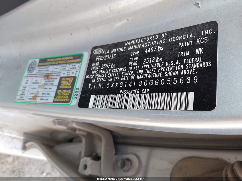 2016 Kia Optima VIN 5XXGT4L30GG055639 IAAI salvage auction — LEFT REAR, Salvage Title, sold $1,200 on 2026-07-10 (photo 9)