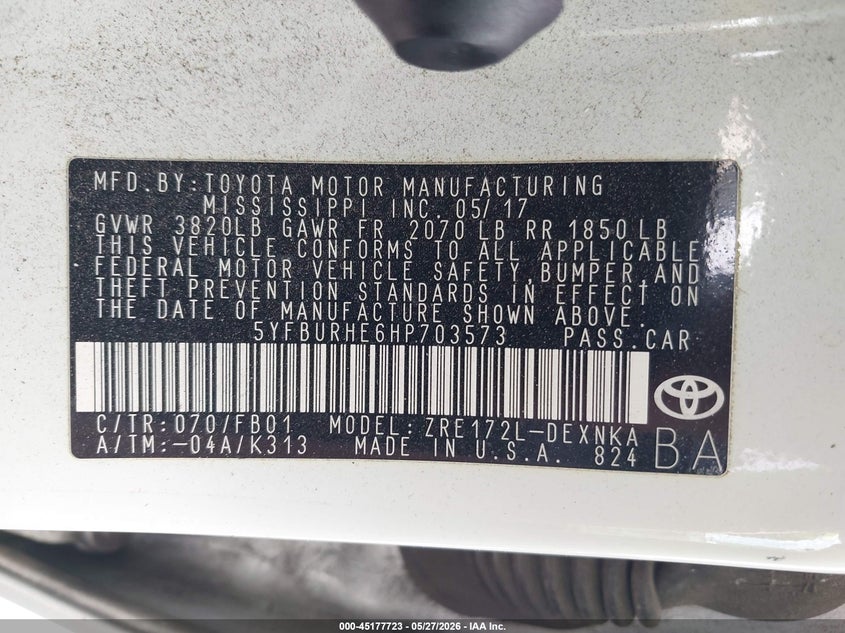 2017 Toyota Corolla VIN 5YFBURHE6HP703573 IAAI salvage auction — FRONT END, Salvage Title, sold $3,000 on 2026-07-22 (photo 9)
