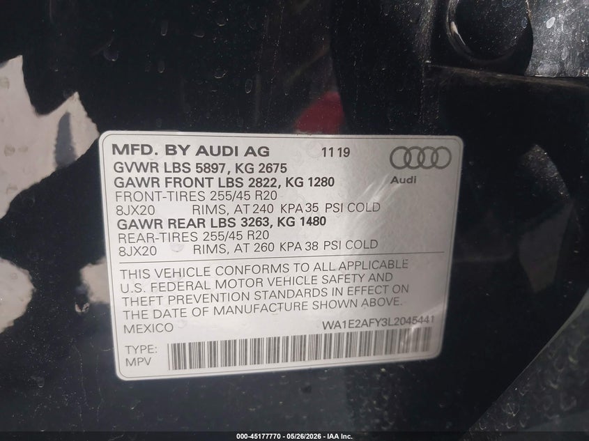 2020 Audi Q5 VIN WA1E2AFY3L2045441 IAAI salvage auction — FRONT END, Salvage (California), sold $9,700 on 2026-07-11 (photo 9)