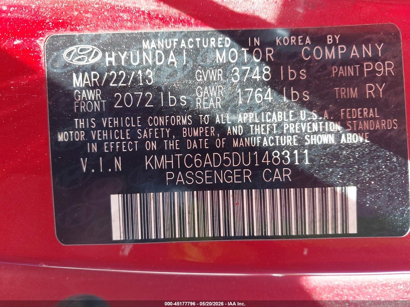 2013 Hyundai Veloster VIN KMHTC6AD5DU148311 IAAI salvage auction — NORMAL WEAR, Salvage (Texas), sold $25 on 2026-07-28 (photo 9)