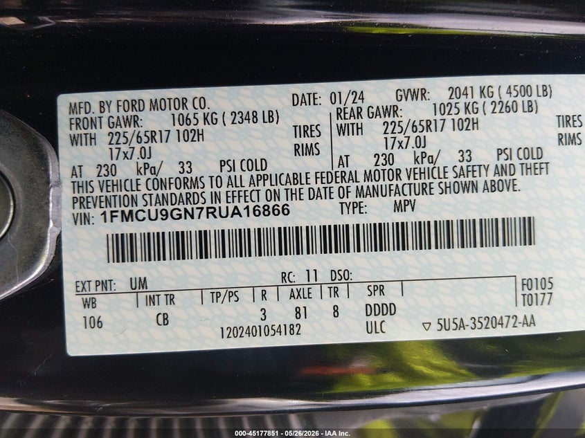 2024 Ford Escape VIN 1FMCU9GN7RUA16866 IAAI salvage auction — HAIL, Salvage (Kansas), sold $5,300 on 2026-07-29 (photo 9)