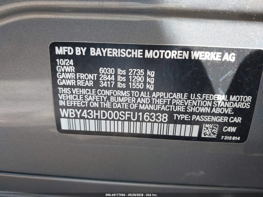 2025 BMW VIN WBY43HD00SFU16338 IAAI salvage auction — SIDE, Salvage Title, sold $13,400 on 2026-07-23 (photo 9)