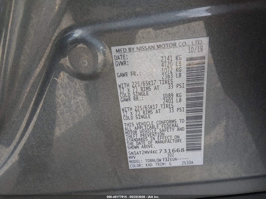2019 Nissan Rogue VIN 5N1AT2MV4KC731668 IAAI salvage auction — RIGHT FRONT, Salvage (Massachusetts), sold $3,300 on 2026-07-18 (photo 9)