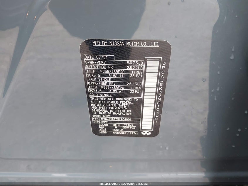 2022 Infiniti Qx55 VIN 3PCAJ5K37NF104001 IAAI salvage auction — FRONT END, Salvage (Texas), sold $8,050 on 2026-07-15 (photo 9)