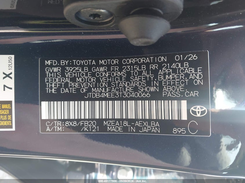 2026 Toyota Corolla VIN JTDB4MEE3T3040066 IAAI salvage auction — FRONT & REAR, Salvage (Oregon), sold $8,300 on 2026-07-30 (photo 9)