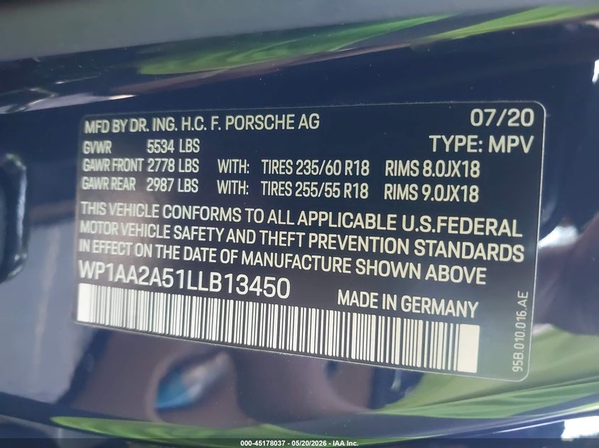 2020 Porsche Macan VIN WP1AA2A51LLB13450 IAAI salvage auction — REAR END, Salvage Title, sold $9,600 on 2026-07-15 (photo 9)