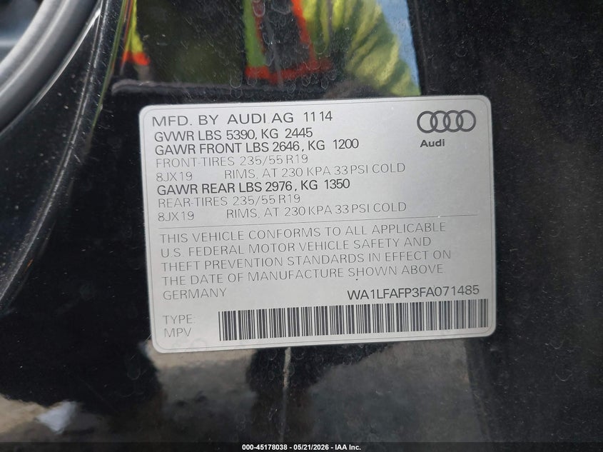 2015 Audi Q5 VIN WA1LFAFP3FA071485 IAAI salvage auction — FRONT END, Salvage Title, sold $1,300 on 2026-08-26 (photo 9)
