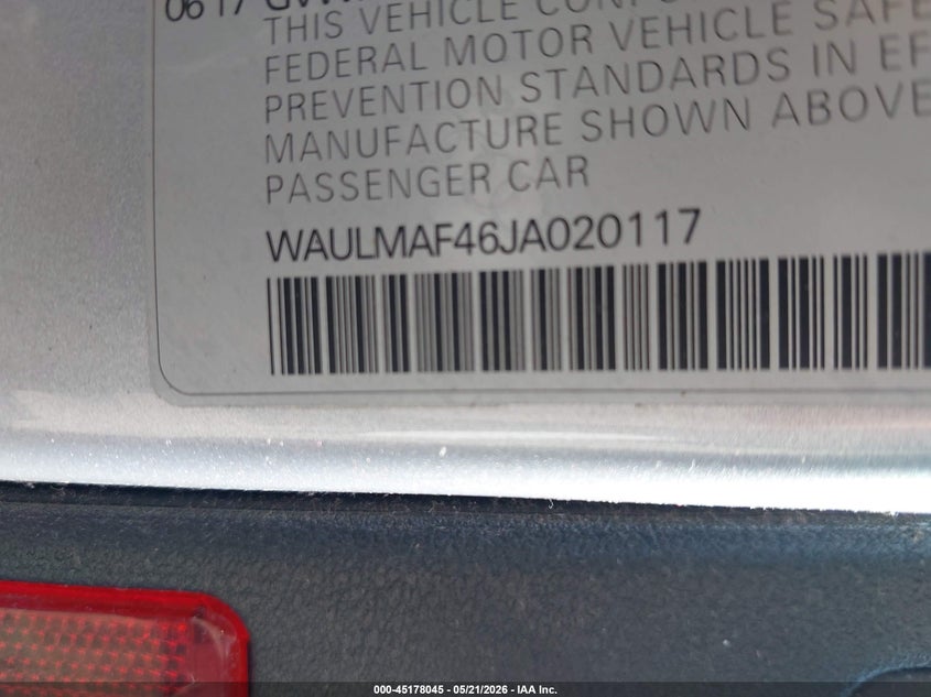 2018 Audi A4 VIN WAULMAF46JA020117 IAAI salvage auction — FRONT END, Salvage (California), sold $3,300 on 2026-07-13 (photo 9)