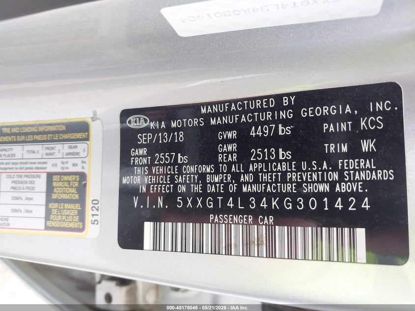 2019 Kia Optima VIN 5XXGT4L34KG301424 IAAI salvage auction — FRONT END, Original (Texas), sold $2,350 on 2026-07-08 (photo 9)
