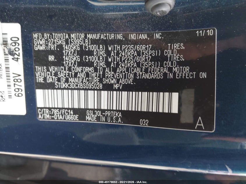 2011 Toyota Sienna VIN 5TDKK3DCXBS095028 IAAI salvage auction — HAIL, Clear (Missouri), sold $1,350 on 2026-07-13 (photo 9)