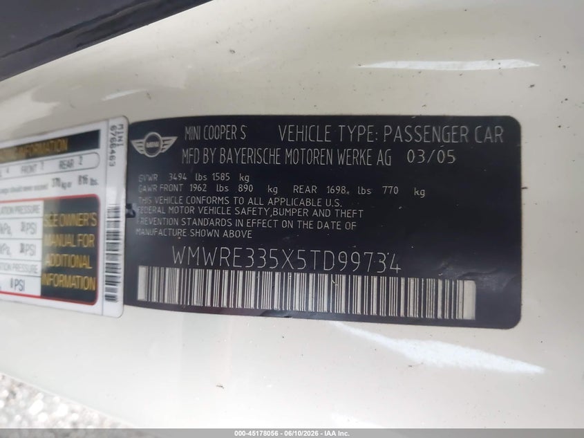 2005 Mini Cooper VIN WMWRE335X5TD99734 IAAI salvage auction — TRANSMISSION, Clear (Florida), sold $325 on 2026-07-14 (photo 9)